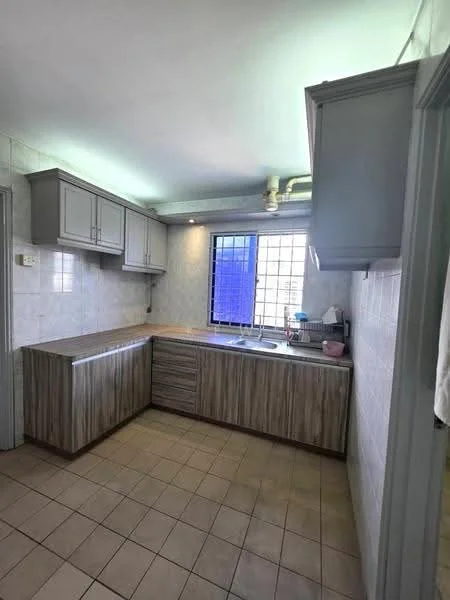 Kitchen features: grey cabinetry with flat-panel doors, wood grain lower cabinets, stainless-steel sink, chrome faucet, tile backsplash, laminate countertop, window with grid pattern, overhead cabinets, under-cabinet lighting, ceramic tile flooring, exhaust hood, wall-mounted pipe, kitchen appliances on countertop; style: modern.
