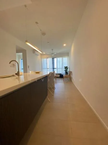 Kitchen features: white painted walls, tile flooring, pendant lighting, kitchen island with seating, stainless-steel sink, chrome pull-down faucet, built-in cabinetry, open layout to living area, floor-to-ceiling windows, natural light from windows, recessed downlights, plant decoration; style: modern.