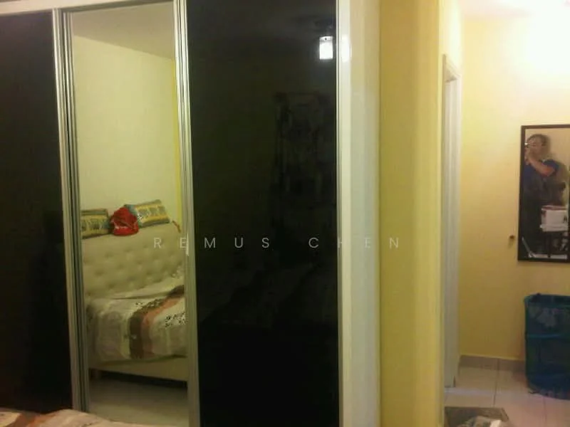 Room features: sliding mirror wardrobe, cream painted walls, tile flooring, recessed ceiling light, bed with upholstered headboard, decorative wall art, waste bin, doorway leading to another room.