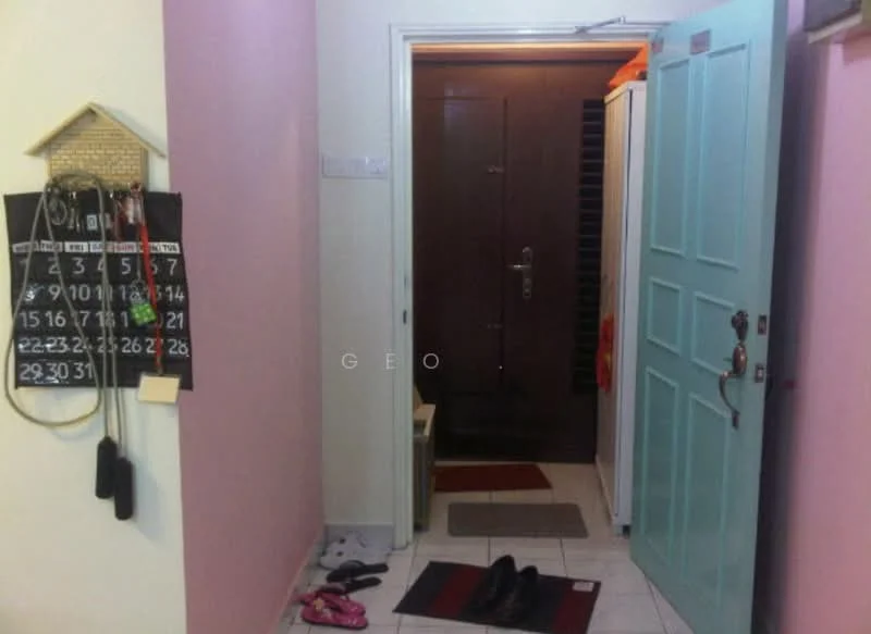 Room features: pink painted walls, white tiled flooring, wooden front door, light blue door, shoe mat, calendar on wall, key holder on wall, slippers on floor, doorbell, light fixture; style: modern.
