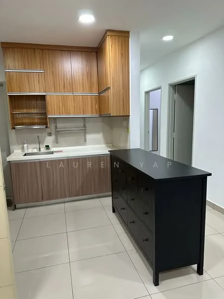 Kitchen features: wood cabinetry with a light wood finish, dark island with storage drawers, white countertop, single-bowl stainless-steel sink, chrome pull-down faucet, ceramic tile flooring, recessed downlights, open shelving, built-in oven, microwave, wall-mounted cabinets, neutral wall color; style: modern.