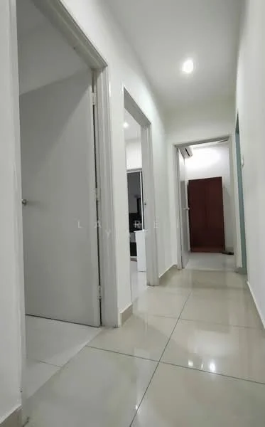 Hallway features: white painted walls, glossy ceramic tile flooring, recessed downlights, multiple doorways, neutral color scheme, air conditioning unit visible, straight corridor layout; style: modern.