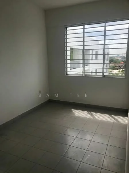 Room features: white painted walls, grey tiled flooring, sliding window with horizontal bars, natural light from window, corner room, no visible furniture, plain ceiling, minimal decor; style: minimalist; view: city.