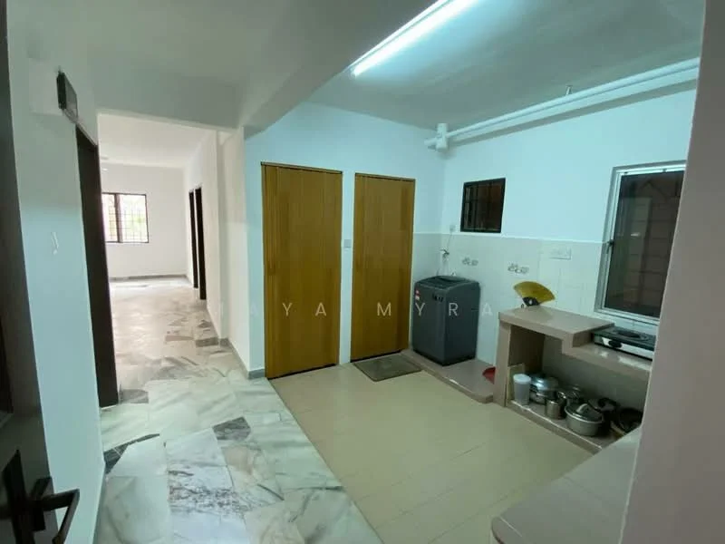 Room features: white painted walls, marble flooring, tile flooring, two wooden doors, window with grid, kitchen countertop, sink, washing machine, kitchen cabinets, light fixture, plumbing fixtures; style: modern.