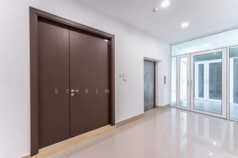 Room features: double elevator doors, glass entrance doors, white painted walls, cream tiled flooring, recessed lighting, elevator access, large windows, modern design; style: modern.