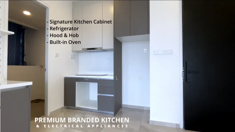 Kitchen features: signature kitchen cabinet, refrigerator, hood and hob, built-in oven, grey cabinetry, white countertop, tile flooring, wall-mounted electrical outlets, open layout, natural light from window; style: modern.