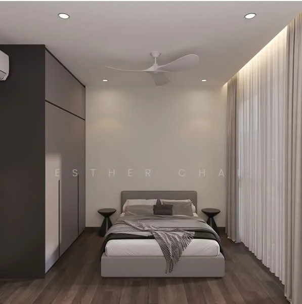 Bedroom features: king-size bed, upholstered headboard, bedside tables, 5-blade ceiling fan with light, wall-mounted split AC, floor-to-ceiling windows, sheer curtains, wooden flooring, decorative throw blanket, decorative pillows, built-in wardrobe; style: modern.