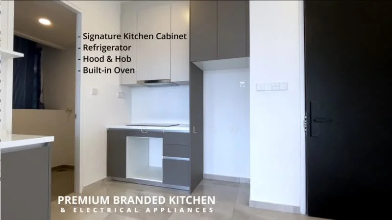 Kitchen features: signature kitchen cabinet, refrigerator, hood and hob, built-in oven, light-colored cabinetry, neutral tile flooring, wall-mounted cabinets, countertop workspace; style: modern.