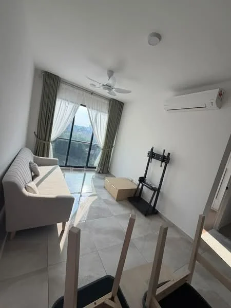 Living features: grey fabric sofa, floor-to-ceiling windows, sheer curtains, 5-blade ceiling fan with light, wall-mounted split AC, marble tile flooring, white painted walls, decorative mirror, cardboard box, upturned chair legs; style: modern; view: city.