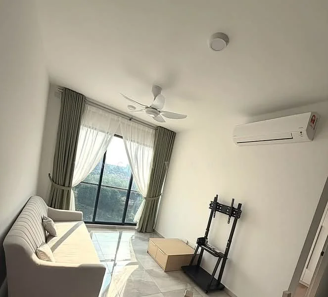 Living features: 3-seater fabric sofa in light beige, 5-blade ceiling fan with integrated LED light, floor-to-ceiling windows, sheer curtains, sliding glass door, marble tile flooring, wall-mounted split AC, decorative wall with no visible features; style: modern; view: city.