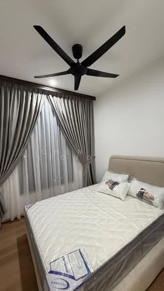 Bedroom features: queen-size bed, upholstered headboard, 2 decorative pillows, 5-blade ceiling fan in black, floor-to-ceiling windows, sheer curtains, blackout curtains, wooden flooring, wall-mounted light fixture; style: modern.