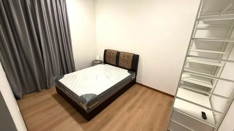 Bedroom features: queen-size bed, upholstered headboard, laminate flooring, white painted walls, floor-to-ceiling curtains, nightstand, built-in wardrobe, staircase leading to upper level; style: modern.
