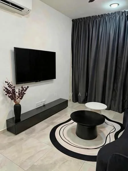 Living features: black wall-mounted TV, black TV console, white round coffee table, black circular coffee table, grey curtains, white walls, marble tile flooring, ceiling-mounted air conditioning unit, recessed ceiling lights, area rug with abstract pattern; style: modern.