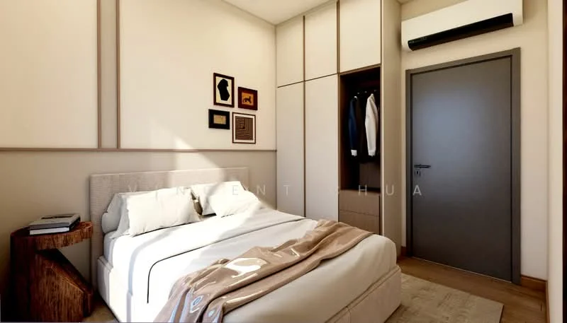 Bedroom features: queen-size bed, upholstered headboard, bedside table, wall-mounted air conditioning unit, built-in wardrobe, framed artwork on walls, light-colored painted walls, wooden flooring, natural light from window; style: modern.