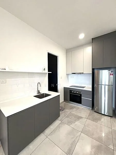 Kitchen features: grey cabinetry, white countertop, single-bowl stainless-steel sink, chrome pull-down faucet, built-in oven, stainless-steel fridge, ceramic tile flooring, white subway tile backsplash, recessed downlights; style: modern.