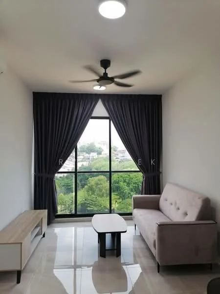 Living features: 3-seater fabric sofa in light beige, coffee table, floor-to-ceiling windows, blackout curtains, 5-blade ceiling fan with light, marble tile flooring, white painted walls, decorative wall-mounted shelf; style: modern; view: city.