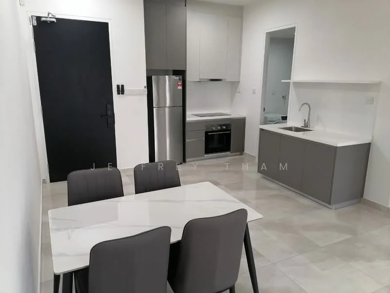 Kitchen features: grey cabinetry, white countertop, stainless-steel fridge, built-in oven, 4-burner gas hob, single-bowl stainless-steel sink, chrome pull-down faucet, tile backsplash, ceramic tile flooring, recessed downlights, dining table with marble top, 4 upholstered dining chairs; style: modern.