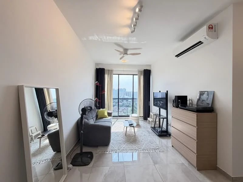 Living features: grey fabric sofa, white area rug, wooden coffee table, black TV console, wall-mounted TV, floor-to-ceiling windows, blackout curtains, ceiling fan, wall-mounted split AC, decorative mirror, wooden dresser, decorative photo frame; style: modern; view: city.