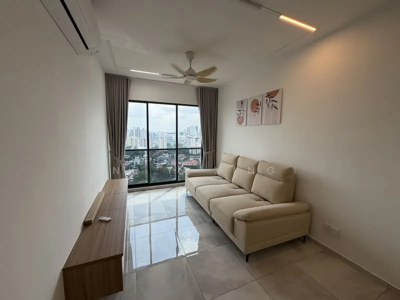 Living features: 3-seater fabric sofa in beige, wooden TV console, floor-to-ceiling windows, city skyline view, recessed downlights, 5-blade ceiling fan, cream painted walls, glossy tile flooring; style: modern; view: city.