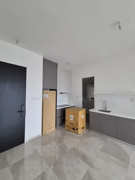Kitchen features: white countertop, grey cabinetry, single-bowl stainless-steel sink, chrome pull-down faucet, built-in oven, freestanding range oven, tile flooring, wall-mounted cabinets, open layout, box packaging visible; style: modern.