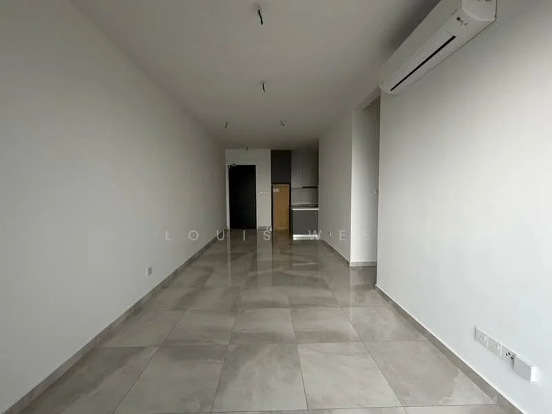 Room features: white painted walls, grey tiled flooring, 1 wall-mounted split AC, recessed ceiling lights, open layout, kitchen area visible in background, large windows, neutral color scheme; style: modern.