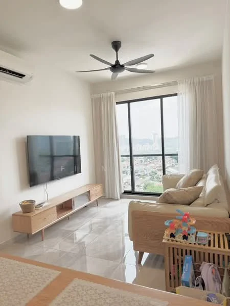 Living features: 3-seater fabric sofa in beige, wooden coffee table, wall-mounted TV, TV console with storage, floor-to-ceiling windows, sheer curtains, 5-blade ceiling fan with light, marble tile flooring, decorative wall art, children's toy storage, city view; style: modern; view: city.