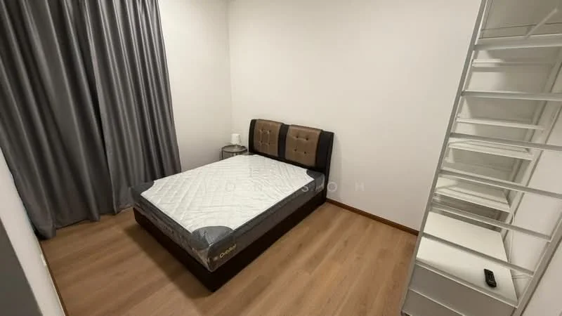 Bedroom features: queen-size bed frame with upholstered headboard, mattress on bed frame, grey curtains, laminate flooring, nightstand with lamp, built-in wardrobe, white walls, staircase leading to upper level; style: modern.