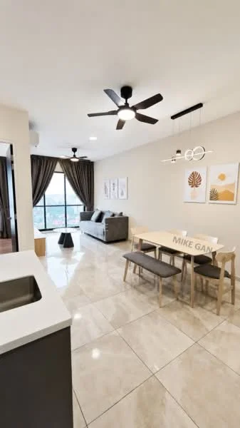 Living features: grey fabric sofa, 3-seater sofa, wooden dining table, bench seating, 4 dining chairs, ceiling fan with light, recessed downlights, large window with city view, curtains, marble tile flooring, decorative wall art, light fixture with circular design; style: modern; view: city.