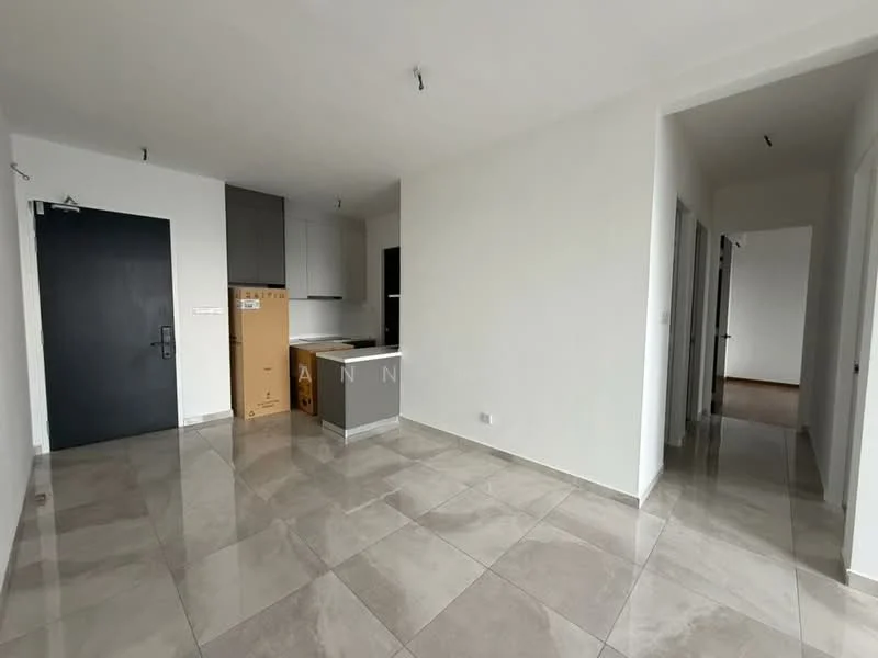 Room features: grey tiled flooring, white painted walls, kitchen cabinetry, kitchen island, black countertop, door to hallway, door to entrance, recessed ceiling lights, open layout, large windows, unfurnished space; style: modern.