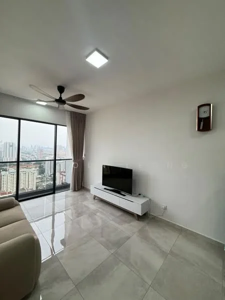 Living features: floor-to-ceiling windows, sliding glass door, beige fabric sofa, white TV console, wall-mounted TV, recessed LED downlights, 5-blade ceiling fan, cream painted walls, glossy ceramic tile flooring, curtains, decorative wall clock; style: modern; view: city.