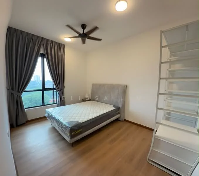 Bedroom features: queen-size bed, upholstered headboard, floor-to-ceiling window, grey curtains, wooden flooring, 5-blade ceiling fan, built-in shelving unit, white painted walls; style: modern; view: city.