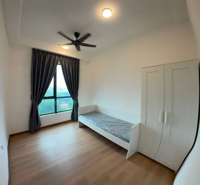 Bedroom features: single bed with mattress, white wardrobe with sliding doors, wooden flooring, white painted walls, ceiling fan, floor-to-ceiling window, grey curtains, view of greenery; style: modern; view: garden.