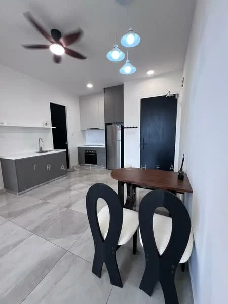 Kitchen features: grey cabinetry, white countertop, single-bowl stainless-steel sink, chrome pull-down faucet, built-in oven, stainless-steel fridge, 4-burner gas hob, ceramic tile flooring, recessed downlights, 5-blade ceiling fan, dining table for two, black dining chairs; style: modern.