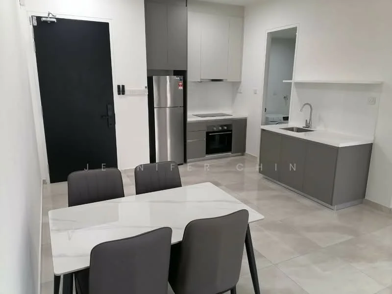 Kitchen features: grey cabinetry, white countertop, stainless-steel fridge, built-in oven, freestanding range oven, single-bowl stainless-steel sink, chrome pull-down faucet, ceramic tile flooring, white tiled backsplash, recessed downlights; style: modern. Dining features: 4-seater dining table with white top, grey upholstered dining chairs; style: modern.