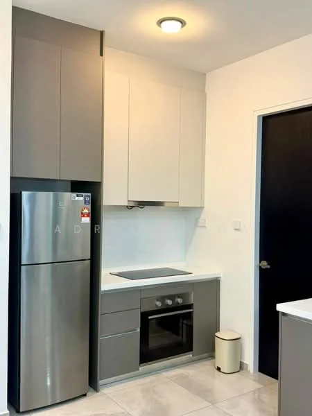 Kitchen features: stainless-steel fridge, built-in oven, ceramic cooktop, white quartz countertop, grey cabinetry, light grey upper cabinets, dark grey lower cabinets, tile backsplash, recessed ceiling lights, neutral tile flooring, kitchen trash bin; style: modern.