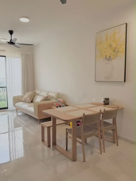 Dining features: light wood dining table, two wooden stools, white walls, cream curtains, floor-to-ceiling windows, grey sofa, decorative wall art with yellow flowers, polished tile flooring, ceiling fan with light; style: modern; view: city.