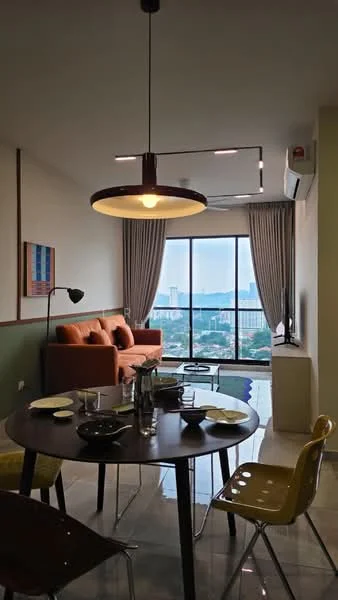 Living features: 3-seater fabric sofa in orange, round dining table, yellow plastic dining chairs, floor-to-ceiling windows, curtains, pendant light, recessed downlights, decorative wall art, marble flooring, city view; style: modern; view: city.