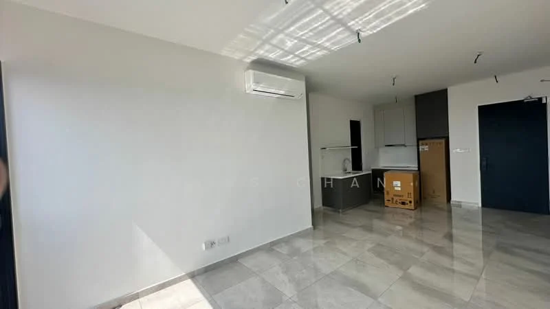 Room features: white painted walls, grey marble tile flooring, 1 wall-mounted split AC, recessed downlights, open kitchen layout, kitchen cabinetry, counter space, box packaging visible; style: modern.