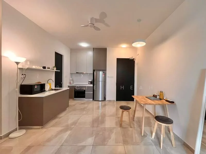 Kitchen features: grey cabinetry, white countertop, stainless-steel fridge, built-in oven, freestanding range oven, microwave, single-bowl stainless-steel sink, chrome pull-down faucet, pendant light, 5-blade ceiling fan, tile flooring, open shelving, dining table, 2 wooden stools; style: modern.