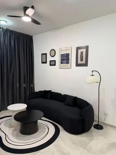 Living features: curved black fabric sofa, black throw pillows, white round coffee table, black circular coffee table, area rug with abstract pattern, floor lamp with white shade, wall-mounted framed artwork, black and white framed prints, grey curtains, recessed ceiling lights, ceiling fan; style: modern.