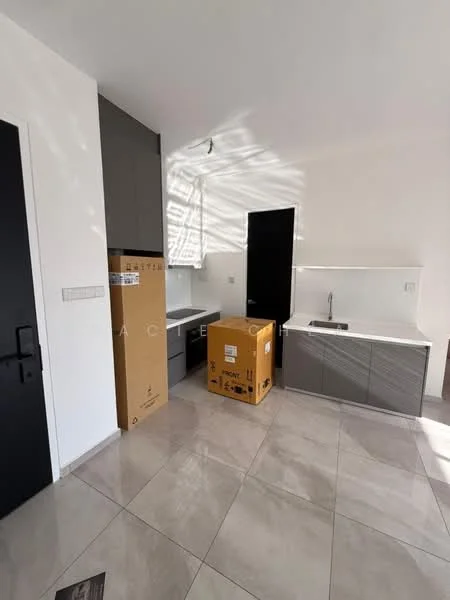 Kitchen features: grey cabinetry, white countertop, stainless-steel sink, chrome faucet, built-in oven, ceramic tile flooring, large window for natural light, box with appliances, wall-mounted cabinets, open layout; style: modern.