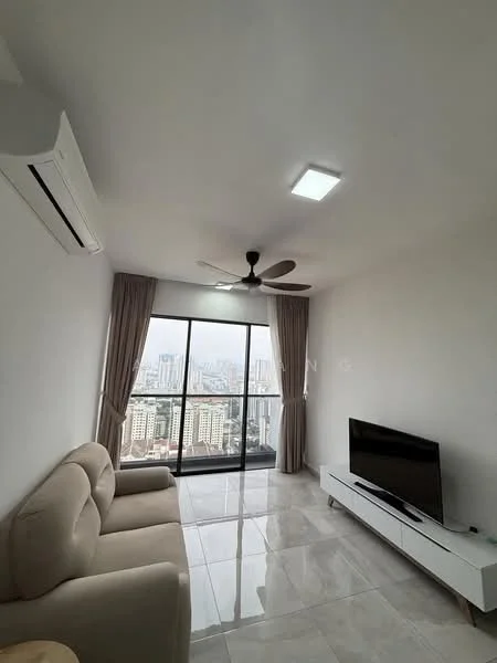 Living features: 3-seater fabric sofa in beige, wall-mounted TV, TV console in white, floor-to-ceiling windows, sheer curtains, 5-blade ceiling fan with light, recessed LED downlights, glossy tile flooring in light grey, air conditioning unit on wall, decorative wall with no visible texture; style: modern; view: city.