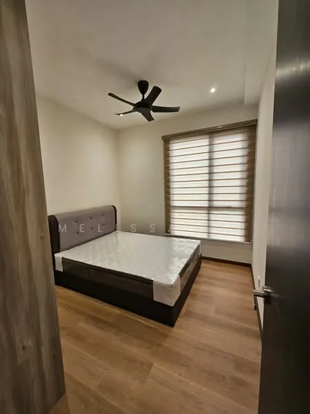 Bedroom features: queen-size bed, upholstered headboard, 5-blade ceiling fan, wooden flooring, white painted walls, window with horizontal blinds, nightstand, decorative wall paneling; style: modern.