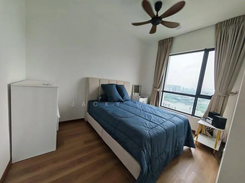 Bedroom features: king-size bed with upholstered headboard, blue bedspread, 2 bedside tables, floor-to-ceiling window, curtains, ceiling fan, wooden flooring, white painted walls, built-in wardrobe; style: modern; view: city.