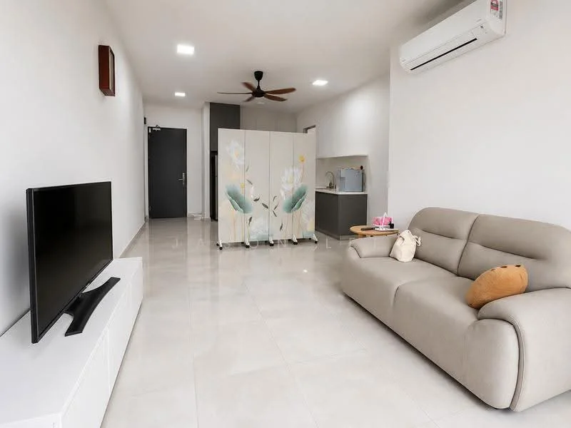 Living features: light grey leather sofa, decorative throw pillow, wall-mounted flat-screen TV, white TV console, ceiling fan with light, recessed ceiling lights, cream tiled flooring, partition with floral design, air conditioning unit, open layout to kitchen, neutral painted walls; style: modern.