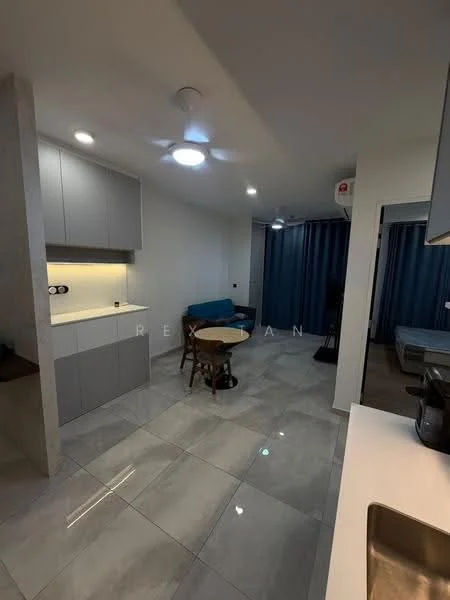 Living features: grey cabinetry, white countertop, stainless-steel sink, recessed downlights, 5-blade ceiling fan with light, grey tiled flooring, blue fabric sofa, round wooden dining table, two wooden chairs, curtains, wall-mounted air conditioning unit; style: modern.