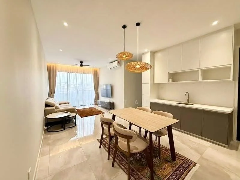 Living features: cream painted walls, marble tile flooring, 5-blade ceiling fan with light, floor-to-ceiling windows, sheer curtains, sofa in beige fabric, coffee table, TV console, wall-mounted TV, area rug with geometric pattern, dining table with 6 chairs, pendant lighting over dining table; style: modern; view: city. Kitchen features: white cabinetry, grey lower cabinets, single-bowl stainless-steel sink, chrome pull-down faucet, built-in oven, stainless-steel range hood; style: modern.