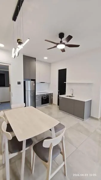 Kitchen features: white painted walls, grey cabinetry, stainless-steel fridge, built-in oven, 4-burner gas hob, single-bowl stainless-steel sink, chrome pull-down faucet, pendant light, 5-blade ceiling fan, tile flooring, dining table with 4 chairs; style: modern.