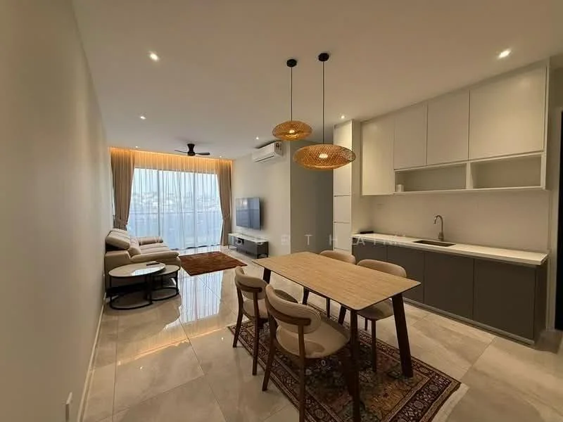 Living features: floor-to-ceiling windows, cream painted walls, marble tile flooring, 5-blade ceiling fan with light, sofa in beige, coffee table, area rug with geometric pattern, dining table with 6 chairs, pendant lighting, kitchen cabinetry in grey, kitchen countertop in white, stainless-steel sink, built-in kitchen appliances; style: modern; view: city.