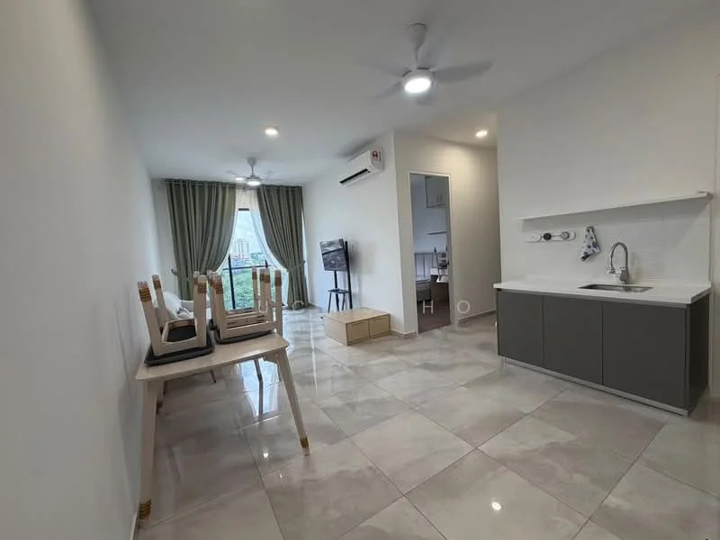 Living features: grey cabinetry, white countertop, stainless-steel sink, chrome faucet, marble tile flooring, white painted walls, 5-blade ceiling fan with light, floor-to-ceiling windows, curtains, TV console, dining table with chairs, open layout; style: modern; view: garden.